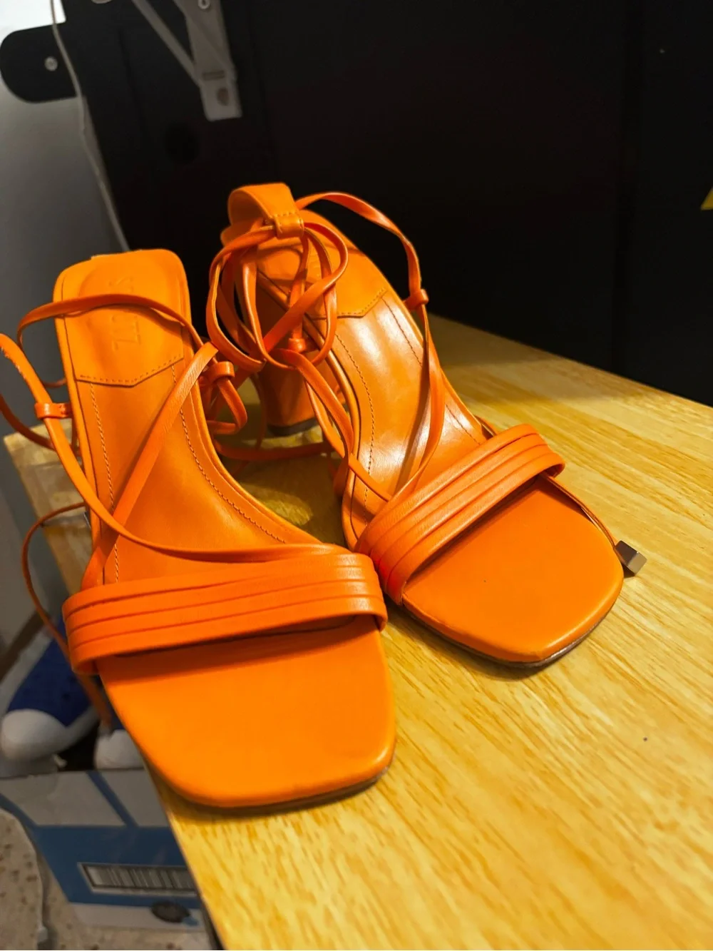 Schutz Glenna Ankle Tie Sandals in a vibrant bright tangerine 7.5